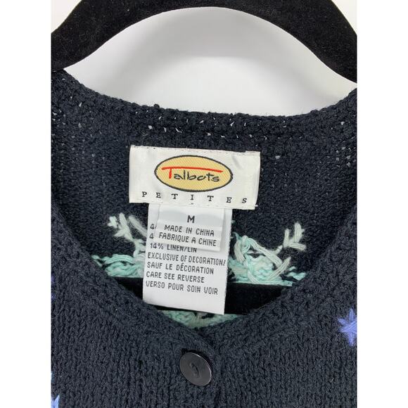 Talbots Petites Size MP Snowflake Print Button Front Cardigan Sweater Black Pink - Picture 3 of 5